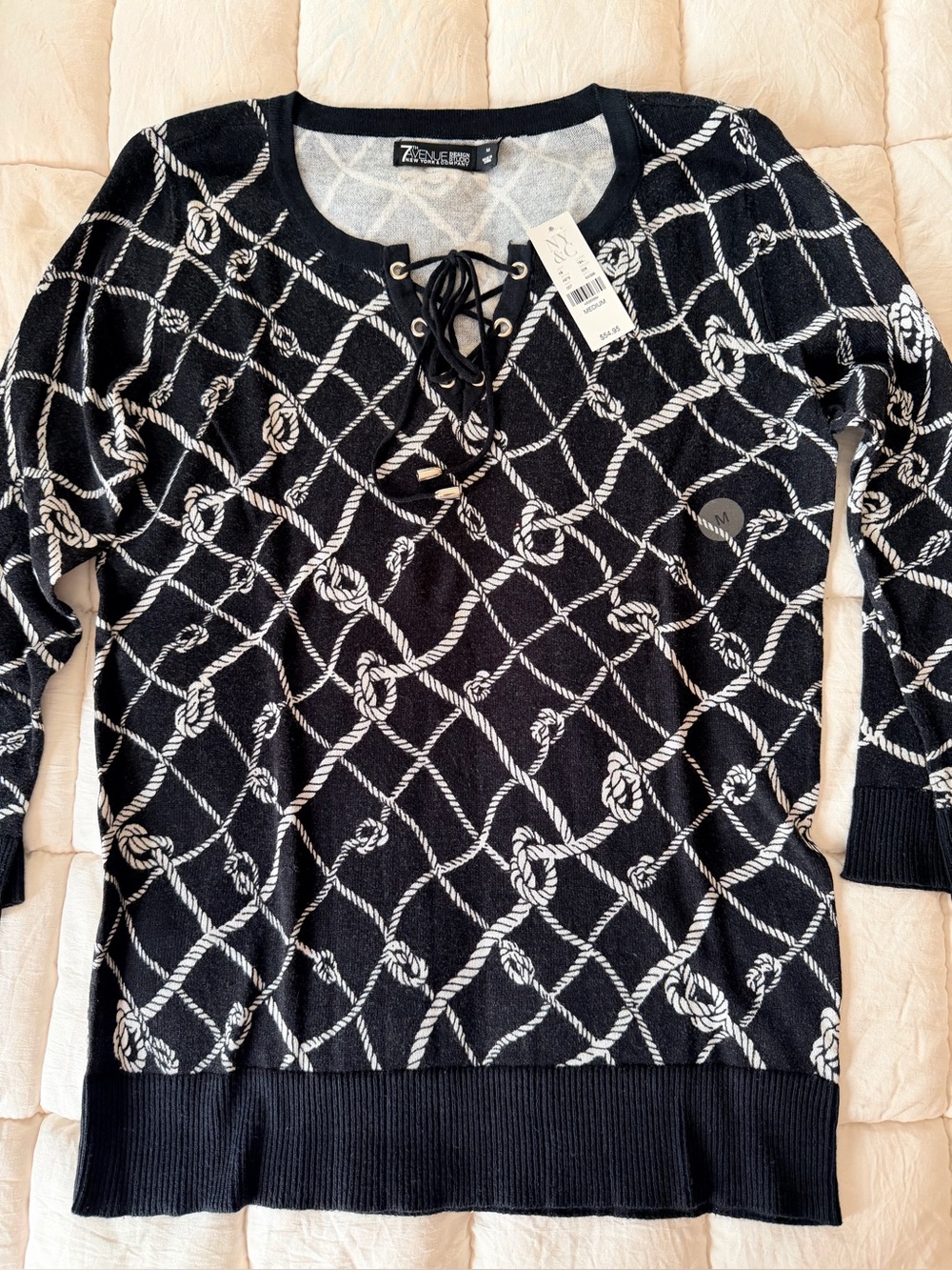 Boating Sweater Brand New Black Rope-Print Lace-Up Knit Top